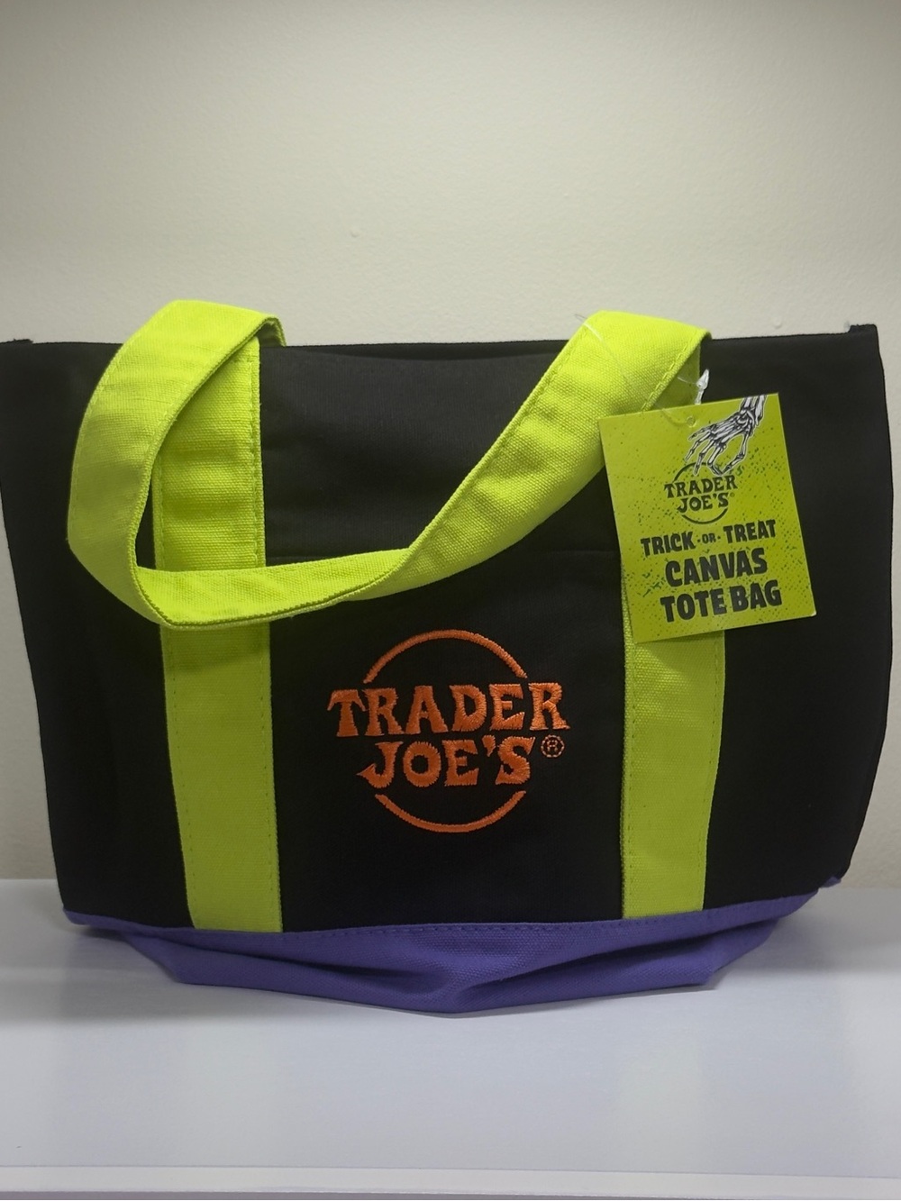Trader Joe's Black Canvas Tote with Neon Yellow Straps and Purple Base